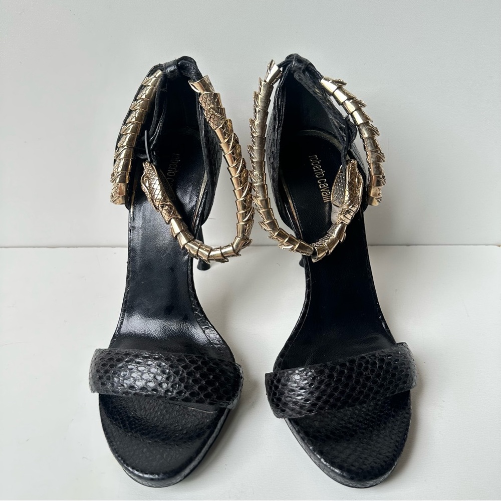 Roberto Cavalli Black Python Embossed Snake Ankle… - image 1